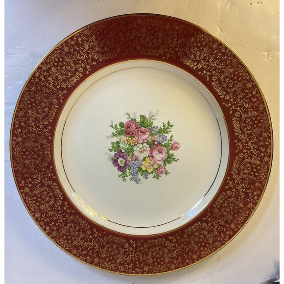 Homer Laughlin Cabinet Display Plate Warranted 22K Gold 10 Inch Burgundy Floral - Picture 1 of 7